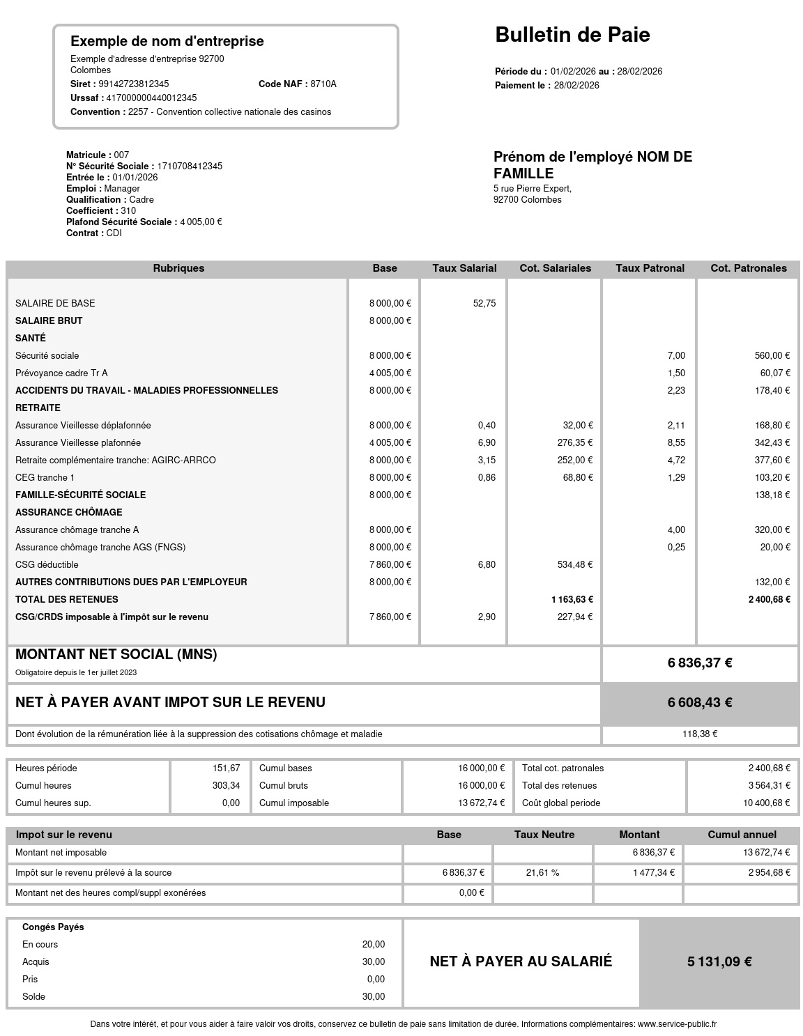 Exemple de fiche de paie 2026