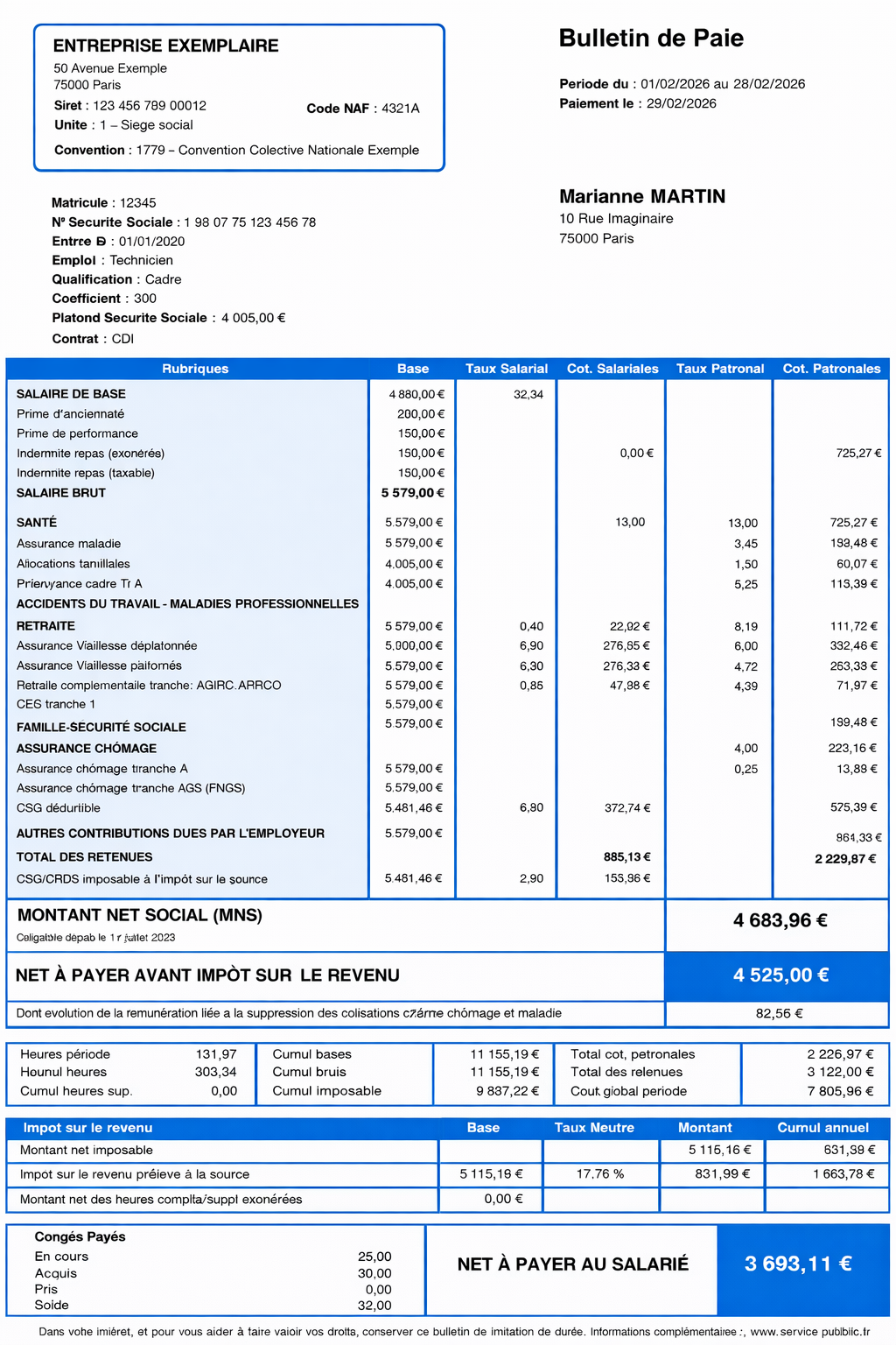 Exemple de fiche de paie française avec cotisations sociales et salaire net