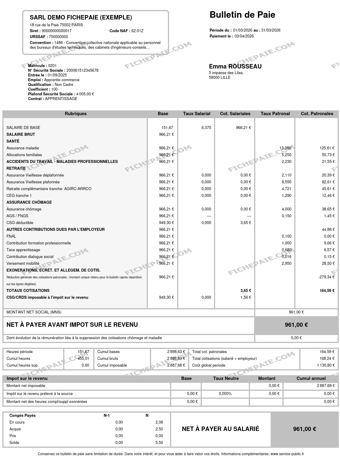 Exemple fiche de paie 2026 apprentissage — rémunération apprenti, cotisations et net social