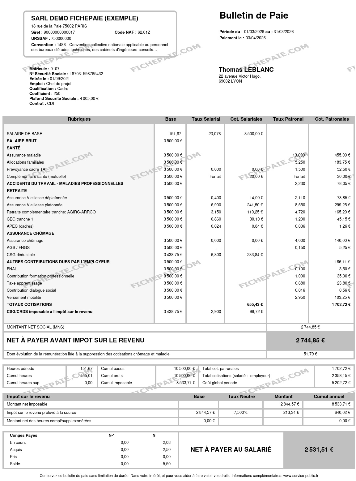 Exemple fiche de paie 2026 CDI cadre — brut 3 500 €, net après PAS, convention 1486