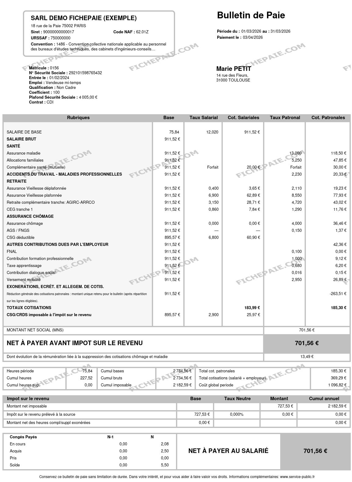 Exemple fiche de paie 2026 temps partiel — brut 911,52 €, mi-temps, net à payer